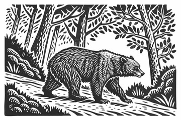 Linocut style bear walking through a textured forest with stylized trees