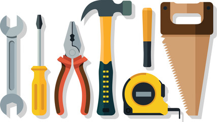 Illustration of various tools including a wrench, hammer, and measuring tape