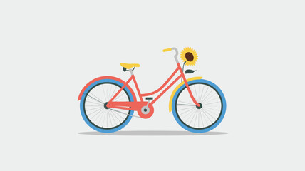 A cartoon bicycle with a sunflower attached to the handlebars on a white background