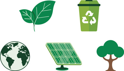 Illustration showing earth, leaves, recycle bin, solar panel, and tree on white