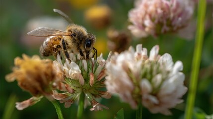 Close-up of a bee on a clover flower. the bee is brown and black in color and is facing towards the right side of the image. it has two antennae on its head and two legs.