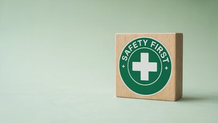 A wooden block features the safety first message with a green circle and white cross