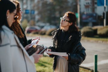 Women engaged in a discussion outdoors, holding papers, against a sunny, urban backdrop. This image...