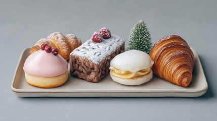 Whimsical pastry parade adorned with powdered sugar, evoking Yuletide festivity and French patisserie charm, perfect for Afternoon Tea Week