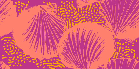 Seashells and Scribbles Seamless Pattern. Sea shell drawing. Red and Pink background.