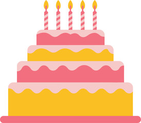 A layered cake with pink and yellow frosting and five lit candles on top of it