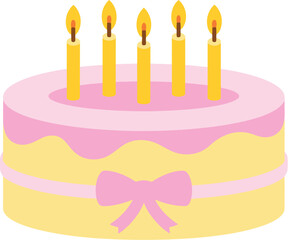 Illustration of a birthday cake with pink frosting and five lit candles on top