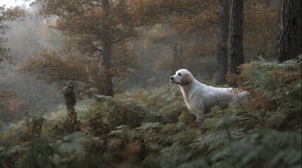Mystical canine amidst autumnal forest whispers, embodying Samhain's enigma and Dia de los Muertos' silent companionship