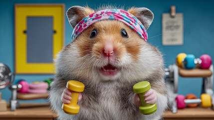 Cute hamster in a fitness studio with dumbbells.