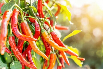 Vibrant red and yellow chili peppers growing in a sunny garden during late afternoon hours