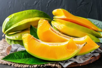 Freshly sliced yellow fruit on a rustic wooden platter with green leaves in a contemporary kitchen setting during the afternoon