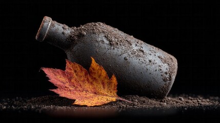 Aged bottle emerges from soil, whispering tales of Samhain mysteries and earth's forgotten treasures, cradled by autumn's amber leaf