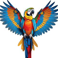 Energetic macaw parrot illustration with flat colors and clean lines, perched on thin branch, vivid tropical bird isolated on white background