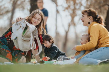 A joyful moment of two mothers with their children having a fun picnic outdoors in a pleasant park...