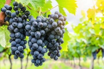 Freshly picked grapes glistening with dew under warm sunlight in an organic vineyard at dawn