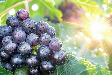 Freshly picked grapes glistening with dew under warm sunlight in an organic vineyard at dawn