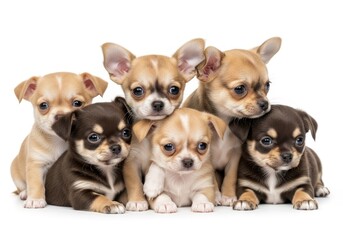 Obraz premium Adorable Chihuahua Puppies Group - Five cute Chihuahua puppies huddled together, a heartwarming scene perfect for pet adoption websites, animal shelters, or pet product businesses