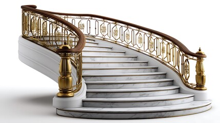 Elegant grand staircase with white marble steps and ornate gold railing on a white background