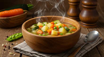 A rustic wooden bowl filled with hot vegetable soup, featuring chunks of carrots, potatoes, zucchini and peas, steam rising in a cozy kitchen setting.