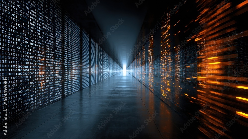 Poster an abstract hightech corridor filled with luminous binary code cascading along the walls symbolizing