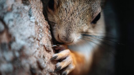 Close-up of a squirrel's face and upper body. the squirrel is peeking out from behind a tree trunk, with its front paws resting on the bark.
