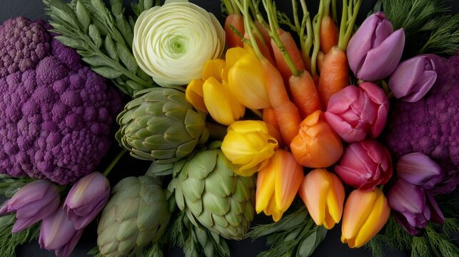 Bountiful burst of vivid botanicals marries whimsical tulips with earthy artichokes, evoking Ostara renewal and harvest harmony