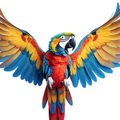 Colorful macaw parrot digital illustration with symmetrical wing display, bright yellow chest, blue and red gradient feathers, isolated on white