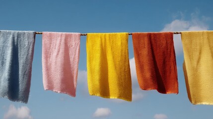 Four colorful towels hanging on a clothesline against a clear blue sky. the towels are of different colors - blue, pink, yellow, and orange.