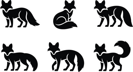 Collection of stylized black fox silhouettes in various poses 