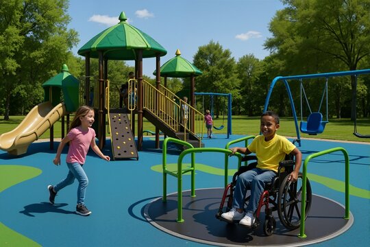 A girl and boy with a mobility disability playing at an accessible playground on a sunny day. Inclusion and diversity concept.