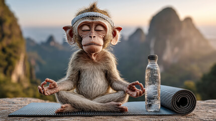 Monkey sitting on yoga mat and meditating with bottle of water.