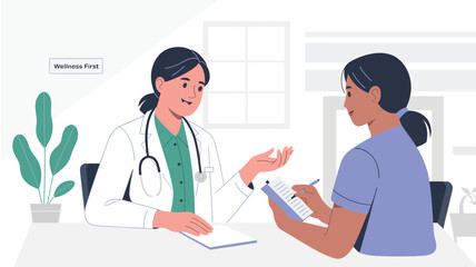 Doctor consulting with patient in office setting with plant and window behind them