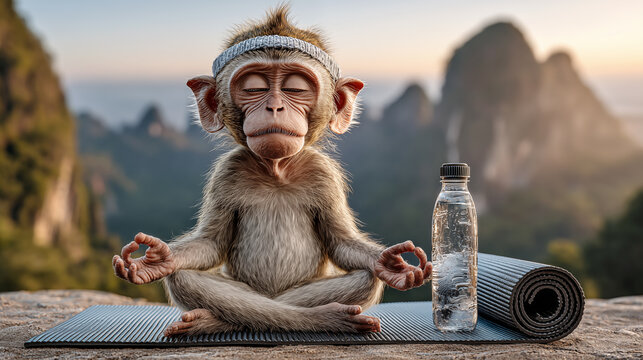 Monkey sitting on yoga mat and meditating with bottle of water.