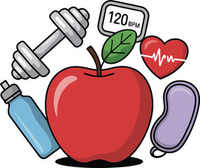 Illustration showing health and fitness elements including apple and dumbbell
