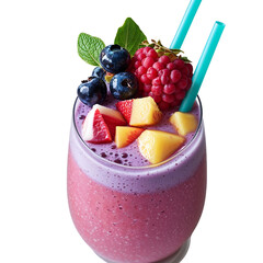 Fresh and appetizing smoothie featuring mixed berries and tropical fruit in a clear glass, bright modern composition on transparent background