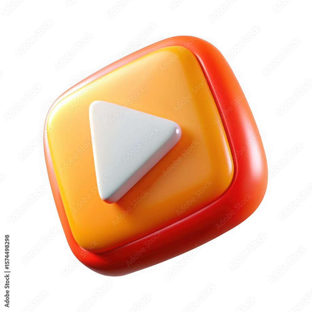 Poster glossy 3d play button icon with orange and red gradient isolated on transparent background