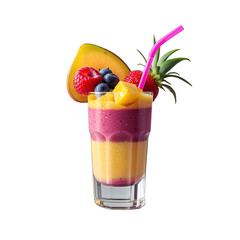 Colorful two-layer smoothie with creamy yellow base and magenta top, overflowing with assorted fresh fruit and pink striped straw, isolated PNG