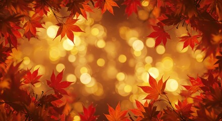 Fototapeta premium Autumn Leaves and Golden Lights - Vibrant red maple leaves frame a warm, bokeh-filled background, perfect for autumnal themes