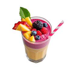 Vibrant layered smoothie in a clear faceted glass with fresh strawberries, mango, blueberries, raspberries, blackberry, and mint garnish on white background

