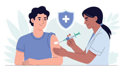Illustration of a man receiving a vaccine from a doctor with a shield behind them