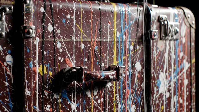 Close up of painted suitcase with colorful splatter design detail