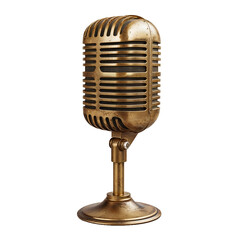 Antique gold microphone with horizontal metal slats and ribbed stand, nostalgic professional audio equipment on transparent background