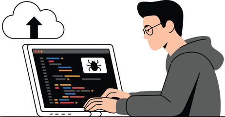 Man coding on laptop with bug and cloud upload icon on a light gray background