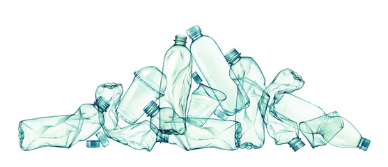 Green plastic bottles. Watercolor transparent bottles arrangement for ecology posters, environment protection, save the ocean, Earth day posters, web. Stop Plastic pollution banner