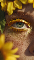Close-up of a freckled woman with creative sunflower makeup, celebrating the beauty of summer