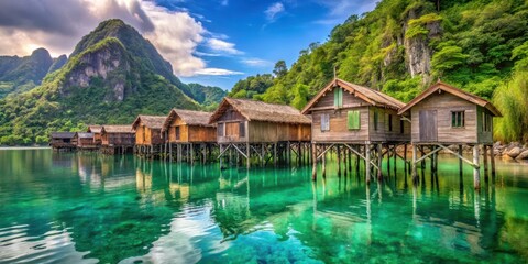 Fototapeta premium Traditional wooden stilt houses in Borneo sea gypsy water village on Bohey Dulang Island with lush green surroundings