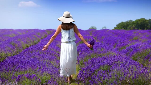 A beautiful woman in a white dress walks over a colourful levander field in full bloom during summer time