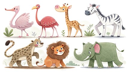 Naklejka premium Watercolor Jungle Animals with White Background