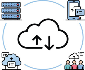 The image shows a cloud computing diagram with servers and mobile devices linked