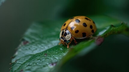 Close-up of a ladybug on a green leaf. the ladybug is facing towards the right side of the image and its body is covered in black spots.